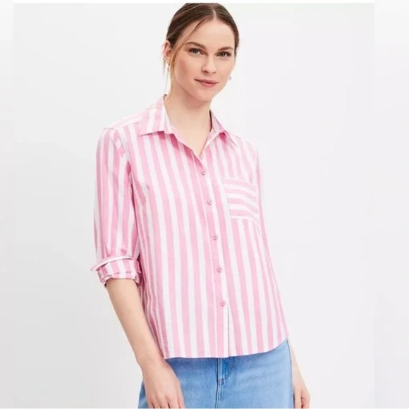 LOFT Pink Striped Poplin Oversized Pocket Button Down Size Large - Picture 1 of 8